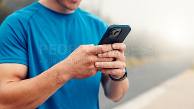 Buy stock photo Fitness phone and hands of man in nature for runner tracking performance app and health stats. Running progress, online training schedule and wellness with person. outdoor for contact and space