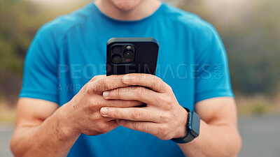 Buy stock photo Fitness, hands and man with phone in nature for exercise, training and workout info on mobile app. Sports, athlete and person with smartphone for health progress, wellness and active hobby outdoor
