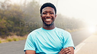 Buy stock photo Happy, fitness and runner with portrait of black man in nature for workout, cardio and confident for health. Running practice, smile and wellness with person outdoor for training, commitment or sport