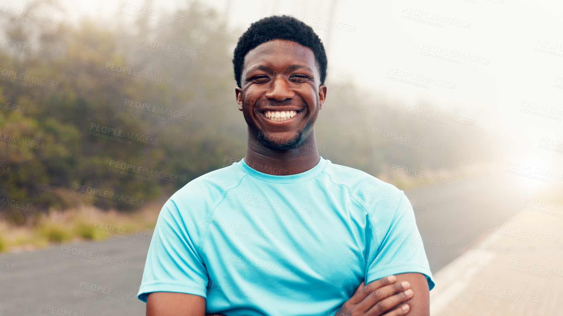 Buy stock photo Happy, fitness and runner with portrait of black man in nature for workout, cardio and confident for health. Running practice, smile and wellness with person outdoor for training, commitment or sport