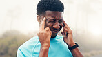 Black man, fitness and headache with stress in fog for pain, discomfort or mental health in nature. Active, male person or outdoor runner with sore head or migraine for vertigo, dizziness or strain