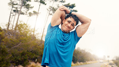 Buy stock photo Fitness, man and stretching arms outdoor to start exercise, muscle preparation and morning cardio. Athlete, person and body warm up in nature for getting ready, joint mobility and wellness workout