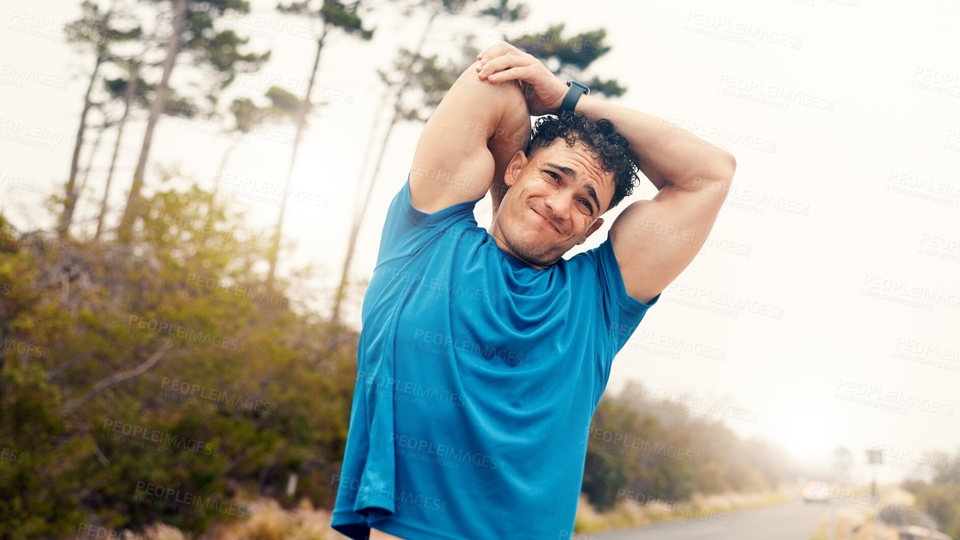 Buy stock photo Fitness, man and stretching arms outdoor to start exercise, muscle preparation and morning cardio. Athlete, person and body warm up in nature for getting ready, joint mobility and wellness workout