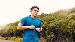 Health, runner and fitness with man in nature for workout, performance and cardio challenge. Exercise routine, wellness and training with person outdoor for running practice, sports and stamina