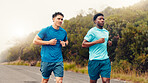 Team, runner and fitness with men in nature for workout, performance and cardio challenge. Exercise partner, wellness and training with friends outdoor for running practice, sports and stamina