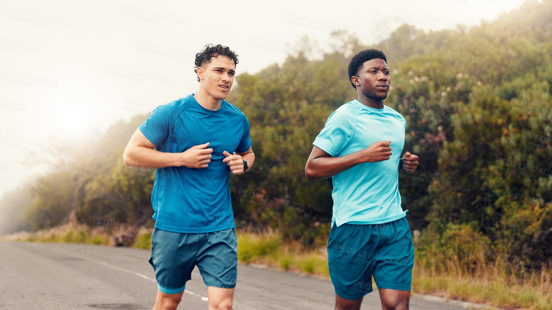 Buy stock photo Team, runner and fitness with men in nature for workout, performance and cardio challenge. Exercise partner, wellness and training with friends outdoor for running practice, sports and stamina