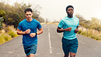 Team, runner and health with men in nature for workout, performance and cardio challenge. Exercise partner, wellness and training with friends outdoor for running practice, sports and stamina