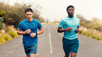 Buy stock photo Team, runner and health with men in nature for workout, performance and cardio challenge. Exercise partner, wellness and training with friends outdoor for running practice, sports and stamina