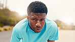 Tired, portrait and fitness with black man in nature for workout fatigue, running performance and health. Intense exercise, sweating and training break with person for cardio challenge and breathing 
