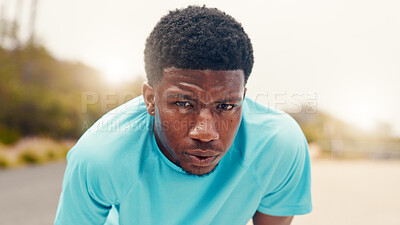 Buy stock photo Tired, portrait and fitness with black man in nature for workout fatigue, running performance and health. Intense exercise, sweating and training break with person for cardio, challenge and breathing