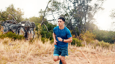 Buy stock photo Breathing, runner and fitness with man in nature for workout, performance and cardio challenge. Exercise routine, wellness and training with person outdoor for running practice, sports and stamina