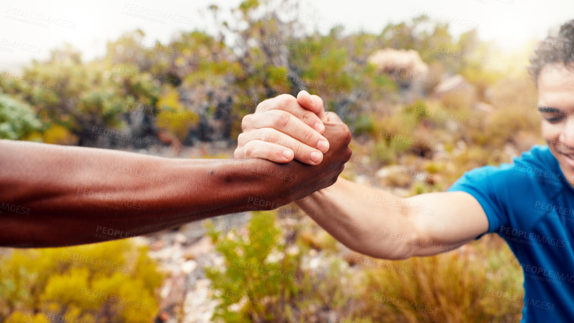 Buy stock photo Help, fitness and team with hands of men outdoor for workout partner, runner and support together. Exercise club, assistance and training aide with friends in nature for sports, synergy and health