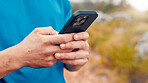 Fitness, phone and hands of man in nature for runner tracking, performance app and health stats. Running progress, online training schedule and wellness with person. outdoor for contact and space