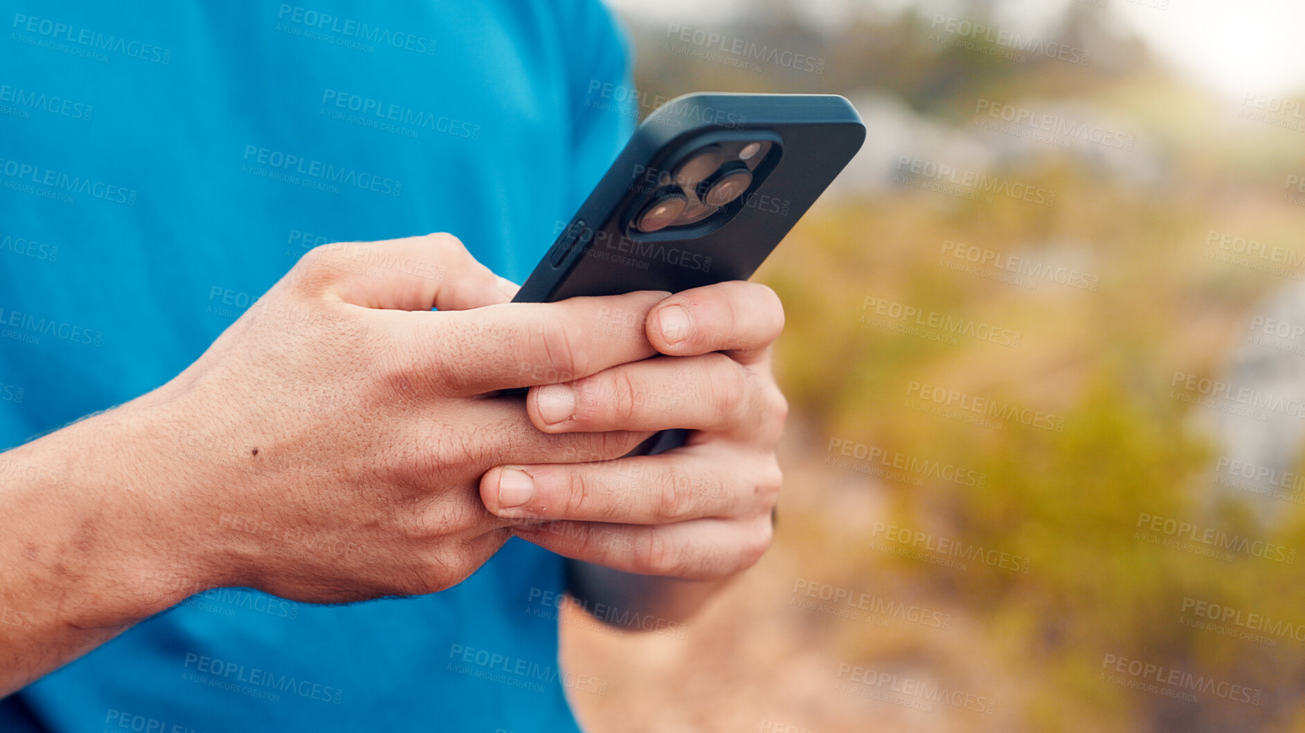 Buy stock photo Fitness, phone and hands of man in nature for runner tracking, performance app and health stats. Running progress, online training schedule and wellness with person outdoor for contact and space