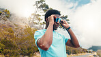 Exercise, outdoor and black man with sunglasses for uv protection, wellness and challenge. Nature, athlete and person with shield eyewear, polarized lenses or workout for health benefits and fitness