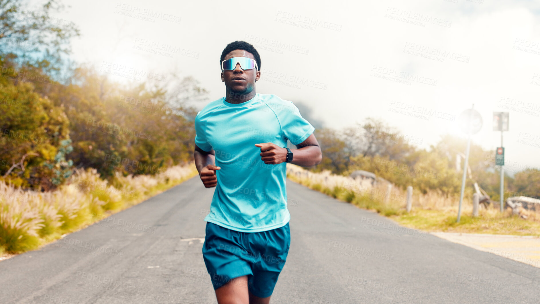 Buy stock photo Exercise, running or black man with sunglasses, nature or training for health benefits, cardio or challenge. Outdoor, runner or person with workout, fitness for wellness or eyewear for uv protection