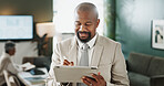 Happy, businessman and research with tablet, office and wealth management for investment opportunity. Financial advisor, online and mature person with tech for risk assessment, reading and project