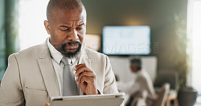 Buy stock photo Tablet, research and businessman in office with email, communication or contact for finance report. Technology, reading and mature male financial manager with online investment proposal in workplace.
