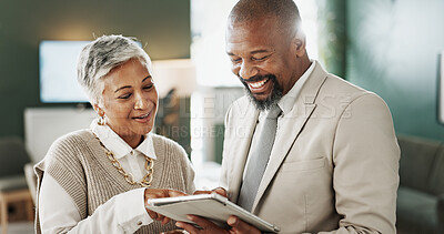 Buy stock photo Reading, online and business people with tablet, office and smile for wealth management and teamwork. Happy, mature colleagues and financial advisor with tech for investment, review and collaboration