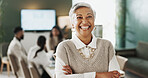 Portrait, business and happy woman in office with confidence as law expert, about us and laugh. Funny, mature manager or attorney with arms folded for experience, pride or legal consultant in meeting