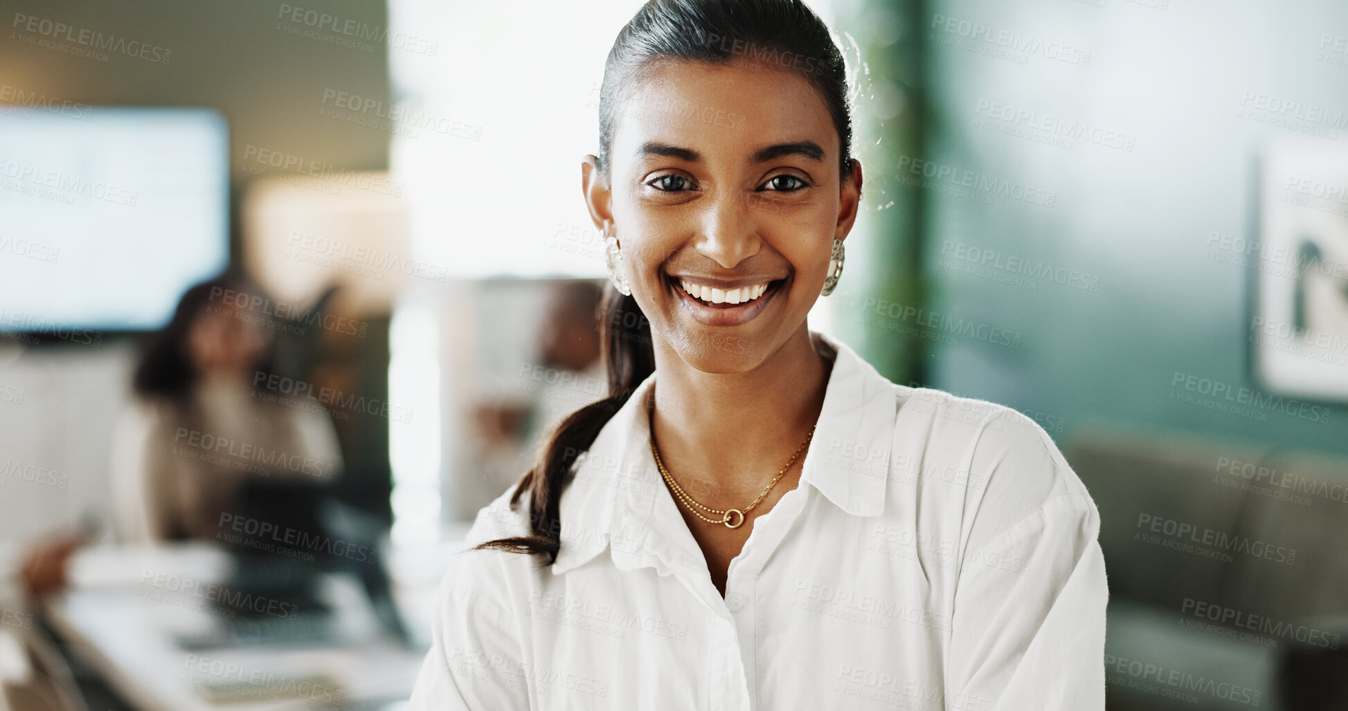 Buy stock photo Realtor, portrait or woman in boardroom with meeting, career pride or ambition as property seller. Happy, job or real estate agent in office with confidence, about us or experience in housing market.