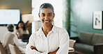 Meeting, portrait or woman in office with arms crossed, career pride or ambition as property seller. Happy, job or real estate agent with confidence, about us or experience in housing industry.