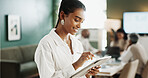Designer, meeting or woman in office with tablet, industry research or clothing draft in creative process. Reading, scroll or fashion director with tech, style development or trend review in catalog.