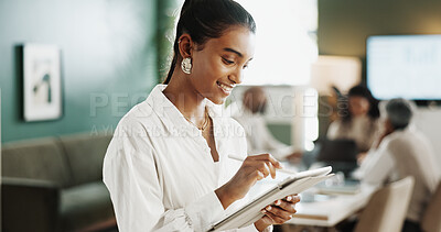 Buy stock photo Designer, meeting or woman in office with tablet, industry research or clothing draft in creative process. Reading, scroll or fashion director with tech, style development or trend review in catalog.