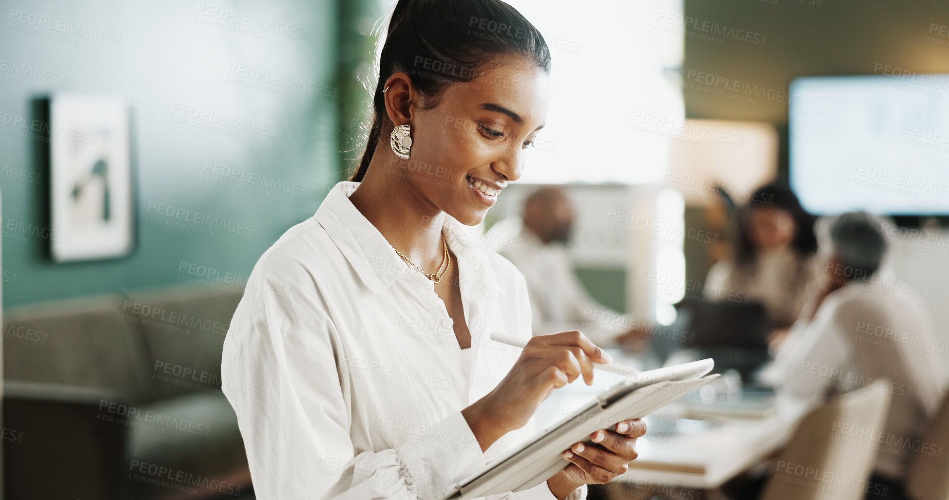 Buy stock photo Designer, meeting or woman in office with tablet, industry research or clothing draft in creative process. Reading, scroll or fashion director with tech, style development or trend review in catalog.
