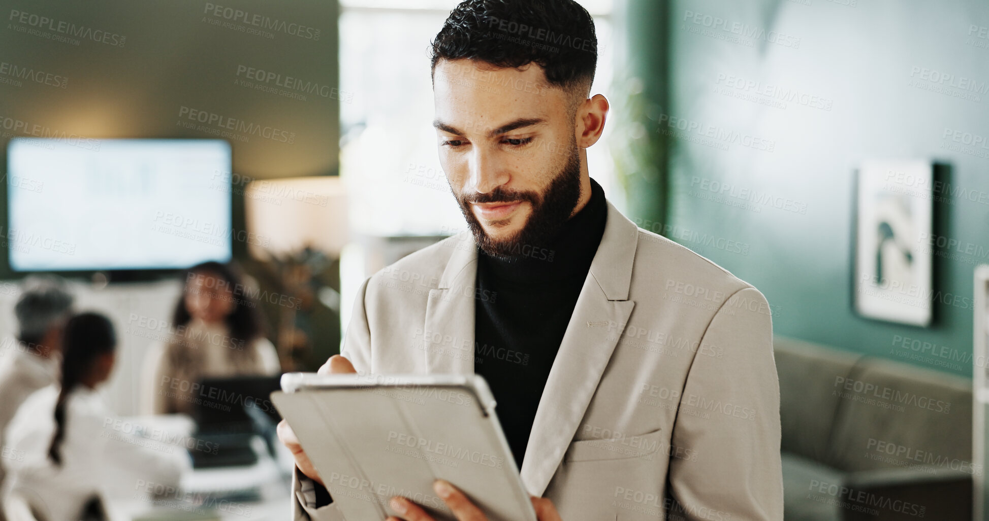 Buy stock photo Fashion, meeting or man in office with tablet, industry research or clothing draft in creative process. Reading, scroll or design manager with tech, style development or trend review in catalog.