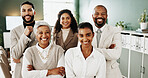 Realtor, portrait or people in agency with solidarity, career pride or ambition in property management. Collaboration, happy or real estate staff with synergy, about us or diversity in housing market