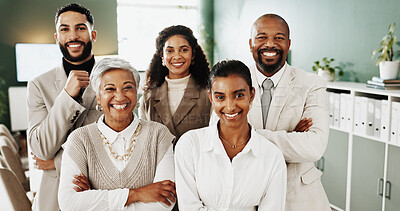 Buy stock photo Realtor, portrait or people in agency with solidarity, career pride or ambition in property management. Collaboration, happy or real estate staff with synergy, about us or diversity in housing market