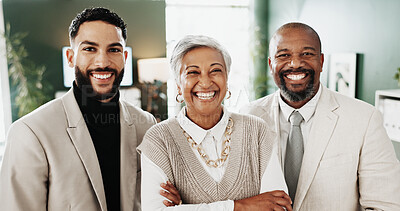 Buy stock photo Realtor, portrait or team in agency with smile, pride or ambition in property management. Collaboration, people or real estate staff in office with solidarity, about us or diversity in housing market