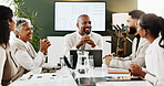 Meeting, laptop and business people in office with planning for finance report with company budget. Computer, discussion and team of financial advisors with manager for investment proposal advice.