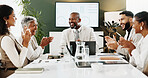 Happy, applause and business people in office with success, financial growth and data analysis meeting. Team, clap and celebration in workplace with laptop, stats and graphs for finance achievement.
