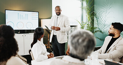 Buy stock photo Business people, presentation and meeting for planning, graphs and project management in office. Discussion, team and brainstorming with technology for company event, agenda ideas or tasks proposal