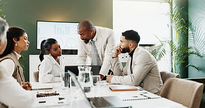 Buy stock photo Meeting, discussion and business people in office with laptop, data analysis or explain audit results. Team, review and conversation in workplace with computer, planning and graphs for finance stats.