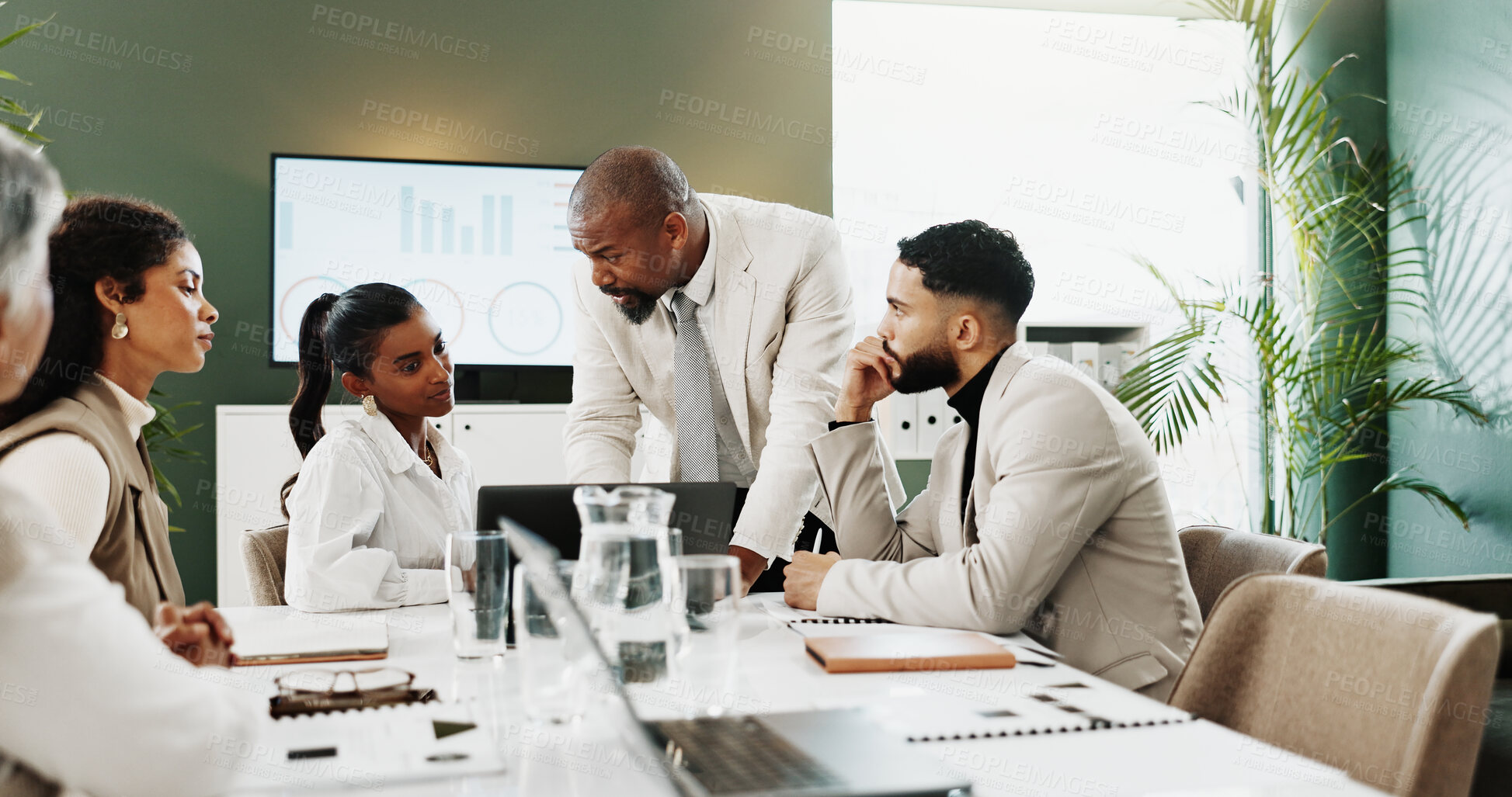 Buy stock photo Meeting, discussion and business people in office with laptop, data analysis or explain audit results. Team, review and conversation in workplace with computer, planning and graphs for finance stats.