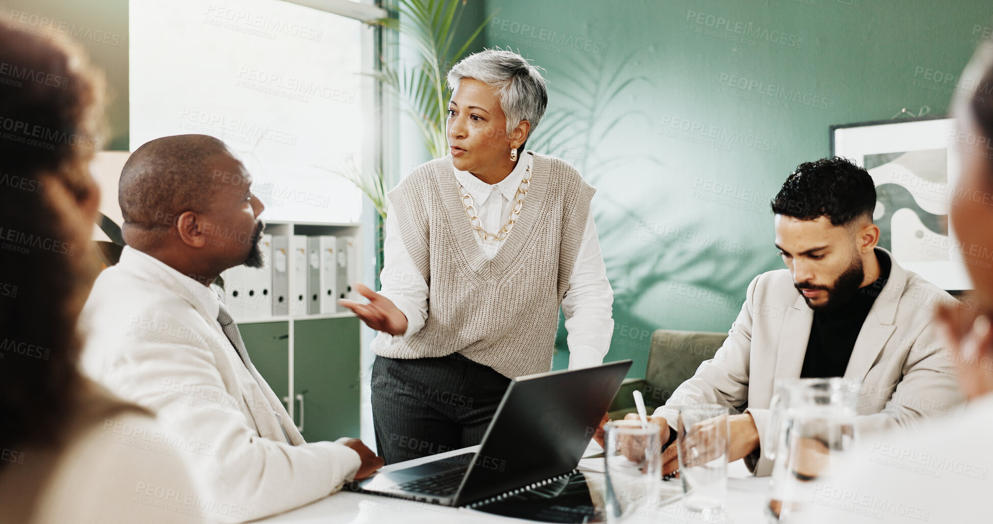 Buy stock photo Meeting, discussion and business people in office with laptop, research and plan for financial audit. Team, talk and proposal in workplace with computer, finance feedback and auditor collaboration.
