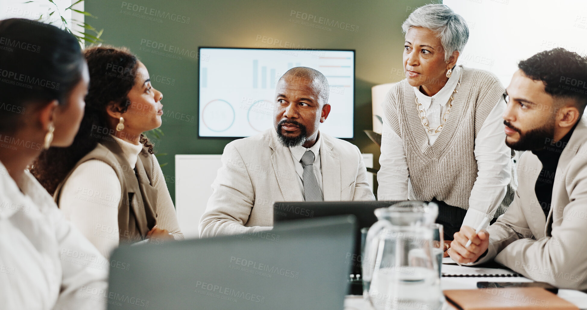 Buy stock photo Review, meeting and business people in office with laptop, data analysis and talk for financial audit. Team, discussion and proposal in workplace with computer, planning and graphs for finance stats.