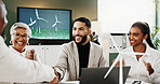 Man, handshake and success at office meeting with windmill model, happy and deal for sustainable business. People, team and excited with eco friendly electricity, goal and renewable energy at agency