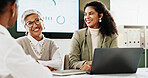 Happy people, meeting and laughing with laptop for performance review or discussion in office. Group, employees or colleagues with smile for company strategy, team ideas or collaboration in workplace