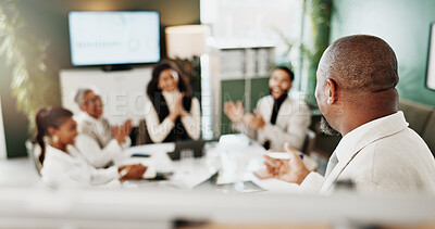Buy stock photo Applause, people or businessman with board for speech, finance presentation or good job for project. Clap, praise or person with team for stakeholders meeting, growth opportunity or capital expansion