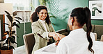 Shaking hands, presentation and business women in office for partnership, deal or finance agreement. Meeting, handshake and financial manager with investor for investment collaboration in workplace.