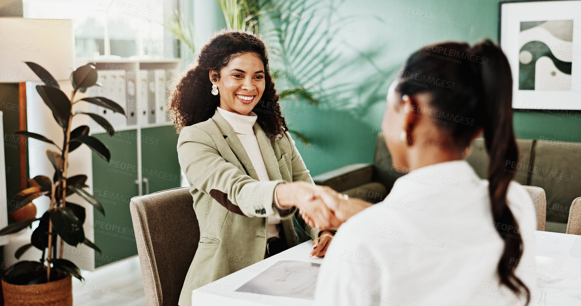 Buy stock photo Shaking hands, contract and business women in office for partnership, deal or finance agreement. Meeting, handshake and financial manager with investor for investment collaboration in workplace.