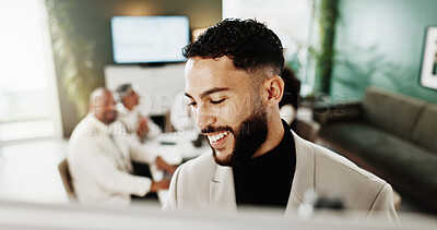 Buy stock photo Man, board and presentation with team at office meeting with planning, review or notes at media company. Person, staff and journalist with feedback, collaboration and project management at agency