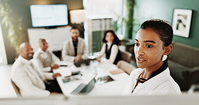 Buy stock photo Speaker, presentation and business woman for proposal, planning or project management in office. Collaboration, team or brainstorming with whiteboard for company event, agenda ideas or tasks schedule