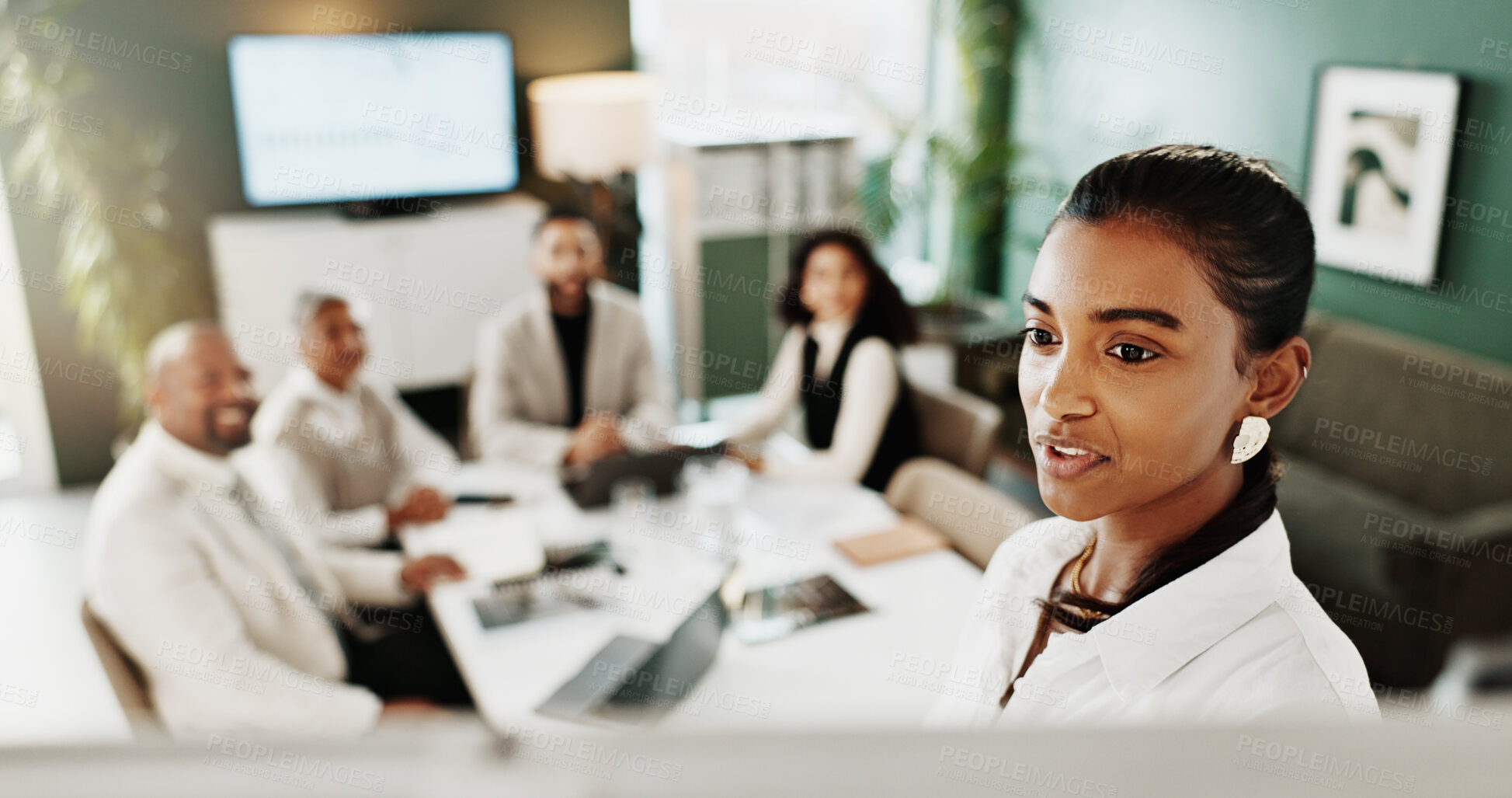 Buy stock photo Speaker, presentation and business woman for proposal, planning or project management in office. Collaboration, team or brainstorming with whiteboard for company event, agenda ideas or tasks schedule