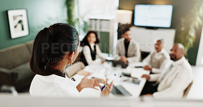 Buy stock photo Woman, board and presentation with talk at office meeting with planning, review or team at media company. Person, staff and journalist with feedback, collaboration and project management at agency