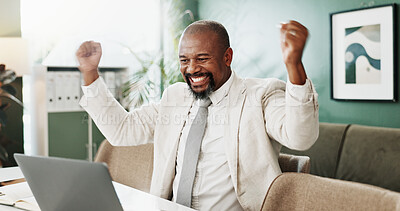 Buy stock photo Happy, black man and winning with laptop for good news, bonus or promotion in office. Excited, businessman and computer with smile or fist pump for achievement, accomplishment or success in workplace